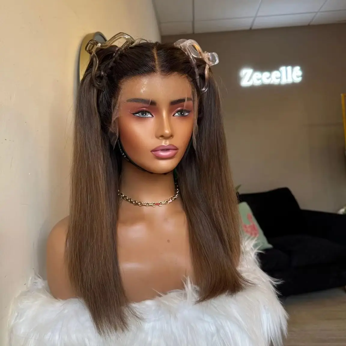 16 Inches Shadow Roots Chestnut Brown Natural Straight Synthetic Lace Frontal Wigs Medium Length Middle Parting Realistic Wigs