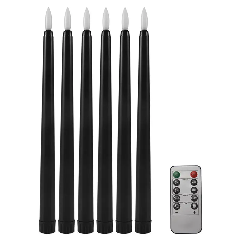 ABRW-Pack Of 6 Remote Halloween Taper Candles,Black Color Flameless Fake Pillar Candles,Battery Candles With Contain