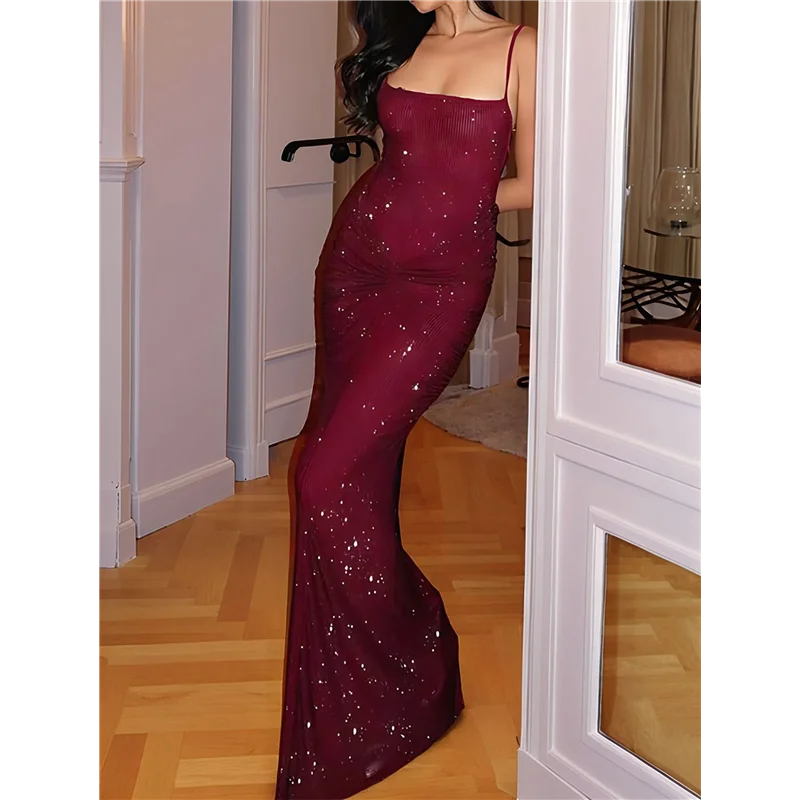AOAO-Vestido de fiesta de lentejuelas brillantes Maxi vestido de fiesta formal ajustado de sirena