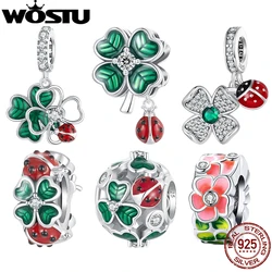 WOSTU 925 Sterling Silver Enamel Four-leaf Clover Charm Silicone Ladybug Stopper Beads Fit Original Bracelet Women Spring Gift