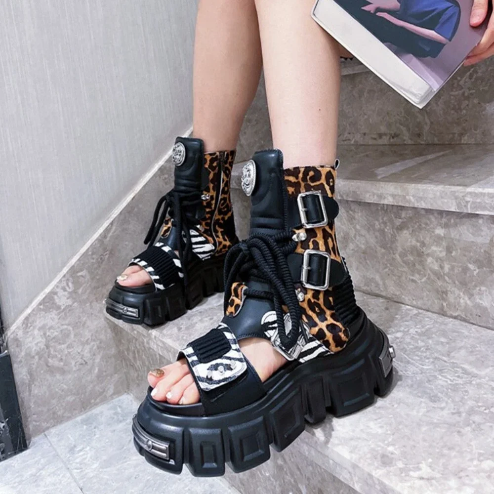 

Punk Sandals Boots Rock Goth Leopard Y2k Thick Bottom Round Toe Belt Buckle Mid-calf Motorcycle Boots Strap Sexy Concise Shoes