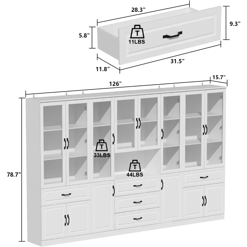 Bookshelf with Glass Doors & Drawers, 2 Piece Large Storage Cabinet Set, Home Office Bookcase with Doors, Glass Display Cabinet