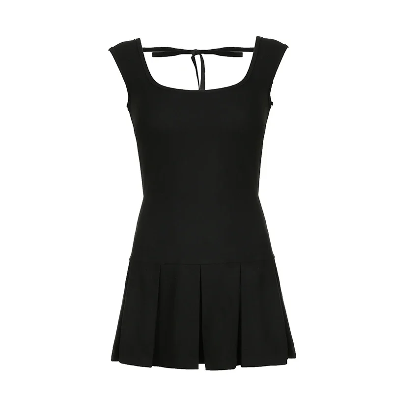 

2025 Lace-up Backless A-line Dress Solid Black Hollow Out Short Sleeve Summer Party Mini Dresses for Women y2k Vintage Clothes