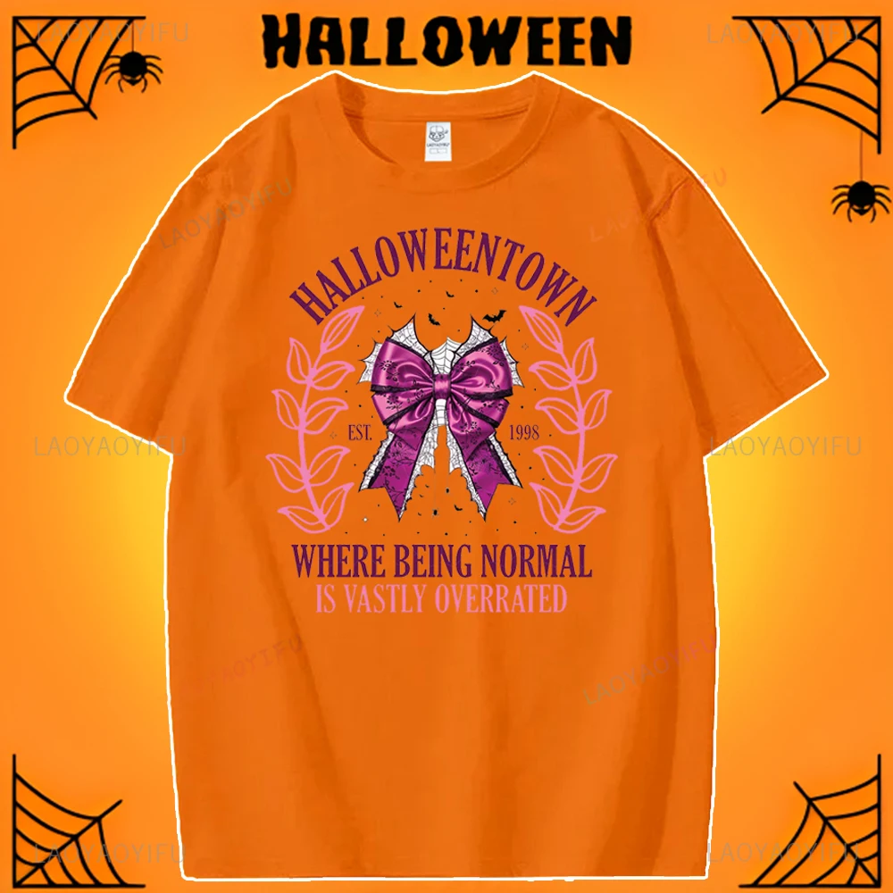 Halloween Bowknot T-shirt Halloween Boo Ghost Pumpkin Graphic Print Cotton Tees Women Autumn Spooky Season Holiday Tops