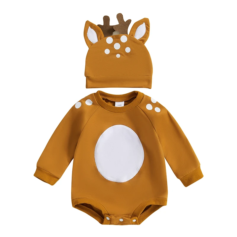 Newborn Boy Reindeer Outfits Christmas Baby Clothes Infant Girl Long Sleeve Bubble Bodysuit Deer Romper with Hat