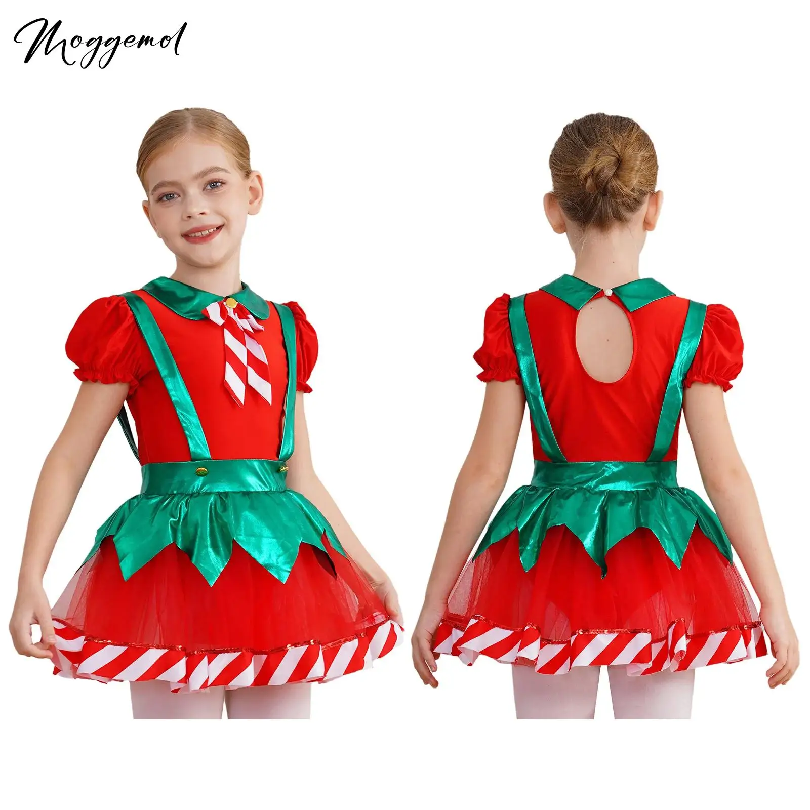 Kids Girls Christmas Costume Puff Sleeve Hollow Back Bow Stripes Tutu Dress Ballet Dance Jumpsuit Leotard Performance Bodysuit