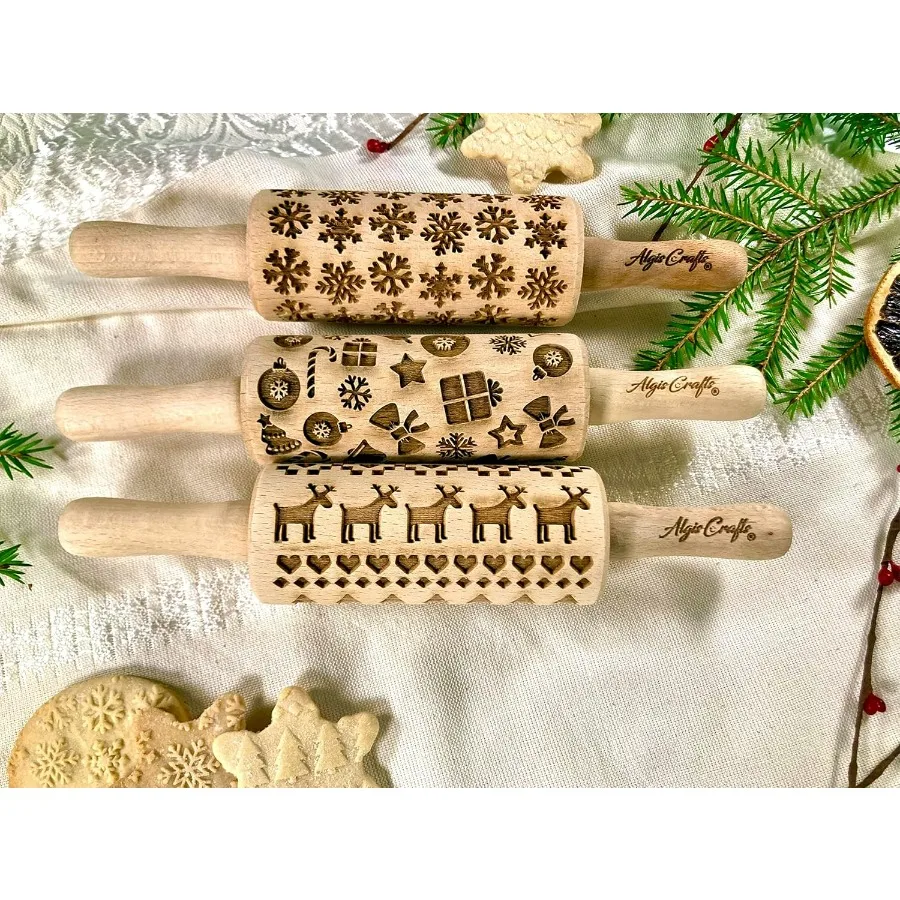 

CHRISTMAS 3 Mini Embossed Rolling Pin Set Wooden Laser Engraved Textured rolling pins with Snowflakes, Elks, Christmas Trees and