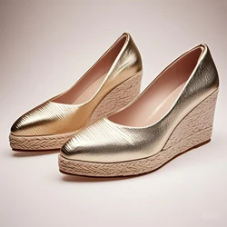 2025 Fashion High Heels Women Party Shoes Women Pumps Brand Ladies Heeled Shoes Wedge Heel 8cm Gold Black Plus Size 42 D340
