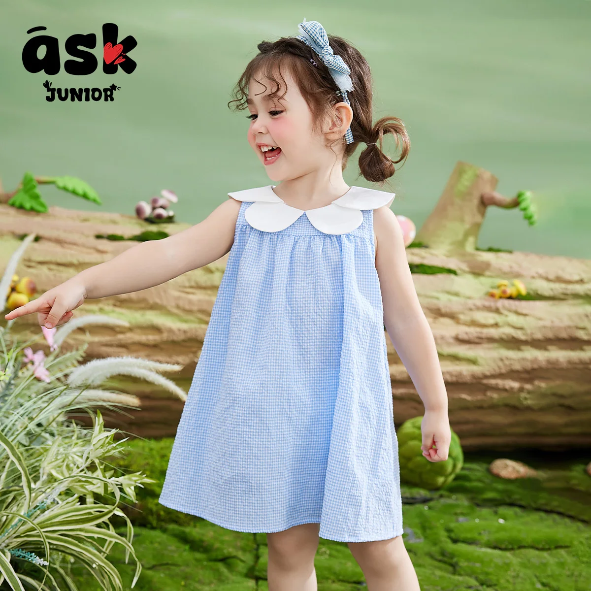 فستان ASK JUNIOR للفتيات الصيفي الرقيق للأطفال بياقة بتلة منقوش بدون أكمام