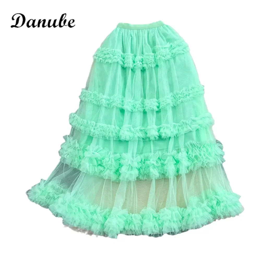 Elegant Ruffled Tulle Tutu Skirts Women Summer Vintage Multilayer High Waist A-line Mesh Cake Long Skirts Lady Aesthetic Faldas