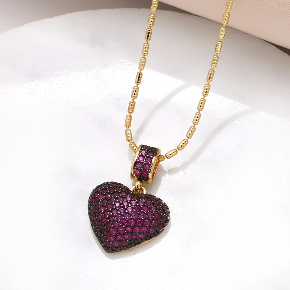 FLOLA Luxury Green Crystal Heart Necklace for Women Copper Gold Plated Short Necklaces CZ Jewelry Gifts nkeb228