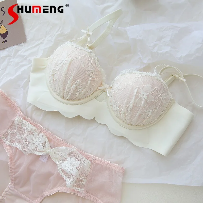 

Pure Gentle Jacquard Bra Set Girl Style French Lace Pure Desire Underwear Women's Push Up Small Chest Wireless Brief Suits