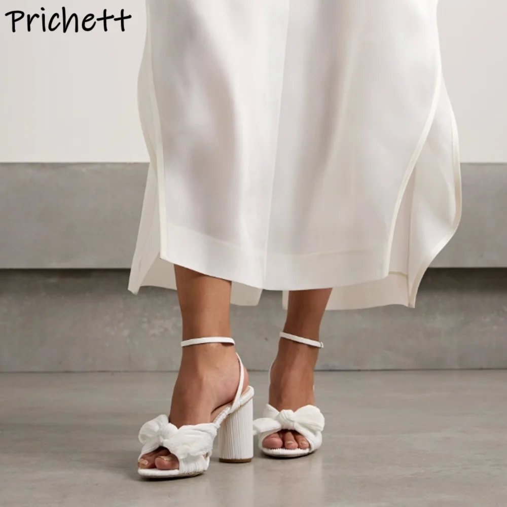 

Pleated Butterfly Knot Sandals Peep Toe Ankle Band Solid Elegant Women's Round Heels Summer Shoes Slingback Fashion Sexy Sandals