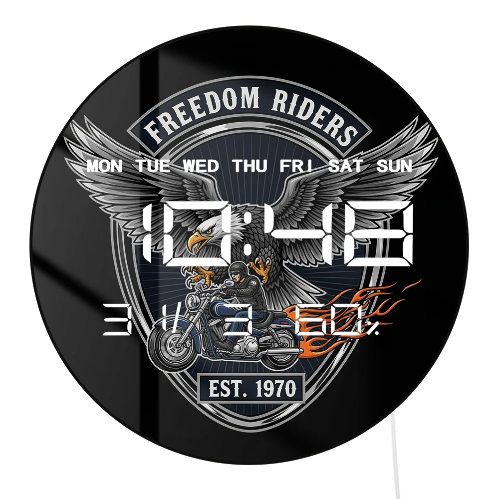 Eagle Over Motorcycle Biker LED Digital Wall Clock with Timer Date Temperature Auto Dimming 12/24hr Format Electric Wall Clock