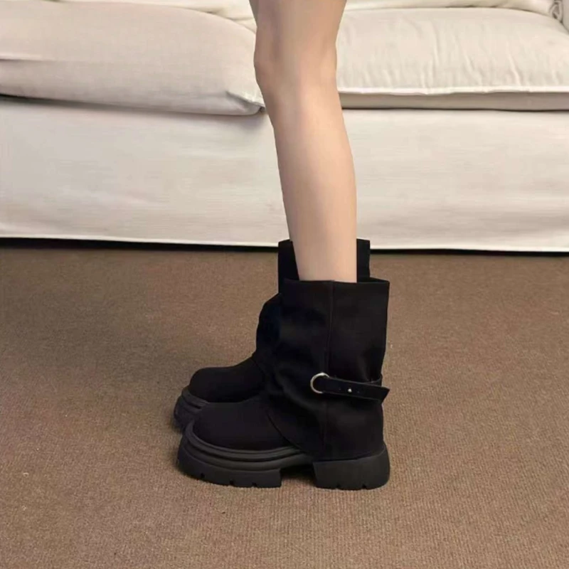 Women Retro Thick Heel Knight Boots Black Summer Ankle Boot Chunky Sole Casual Shoes