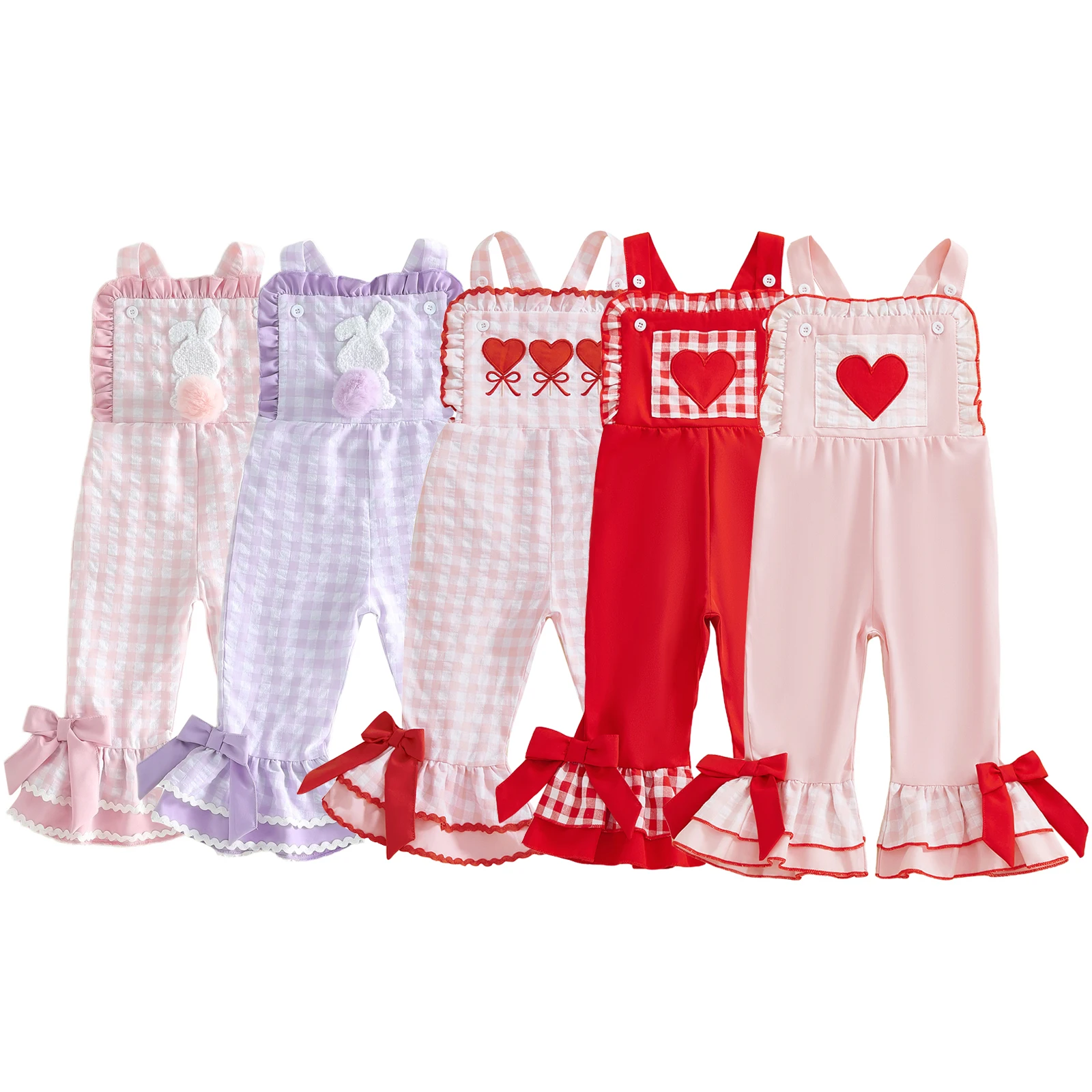 1-5Years Kids Girls Overalls, Cute Plaid Rabbit Bows Flare Pants Easter Clothes for Casual Daily