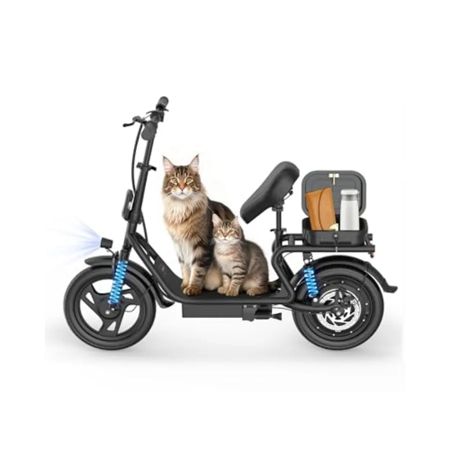 

Electric scooter for urban commuting, aluminum alloy frame, matte black finish, foldable design with seat bag, dual braking and
