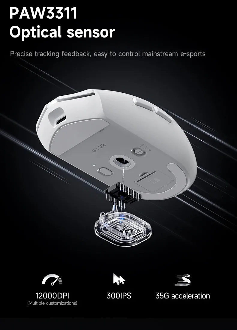 MCHOSE G3 V2 Pro Kabellose E-Sports-Maus Leichtgewichtig Drei Modi Bluetooth PAW3395 Hochleistungsfähig 800mAh Spiel- und Büromaus 59g – Detail 9