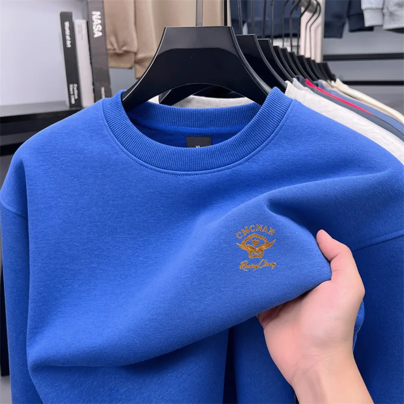 Men's Autumn Round-Neck Sweatshirt Thick Fleece Embroidery Anti-Wrinkle Long Sleeves T-Shirt Casual Warm Flexible Men's Clothing