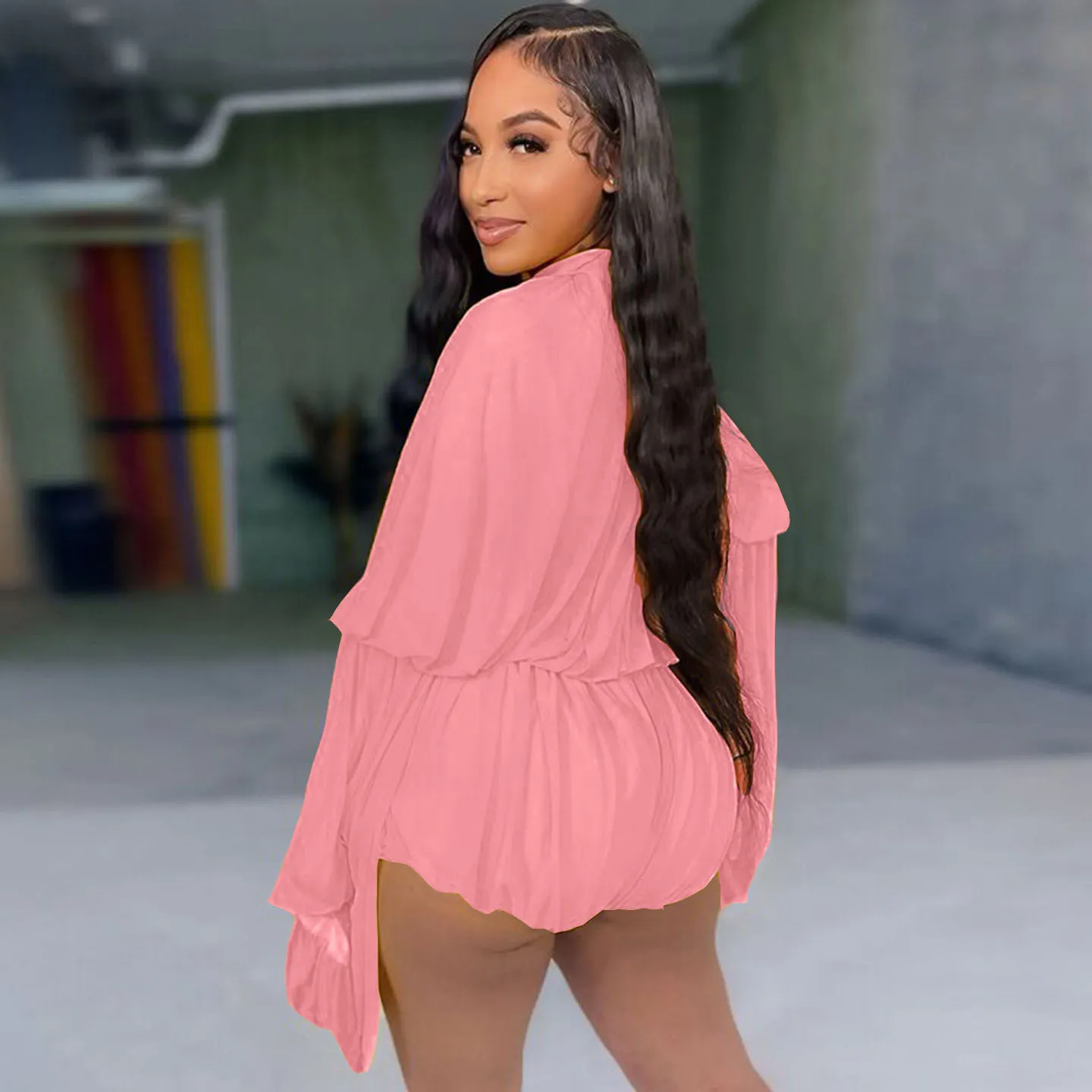 Casual Women's Suit - Long-Sleeved Round-Neck Top And Fitted Shorts Set - Comfortable Ladies Summer Two-Piece Outfits