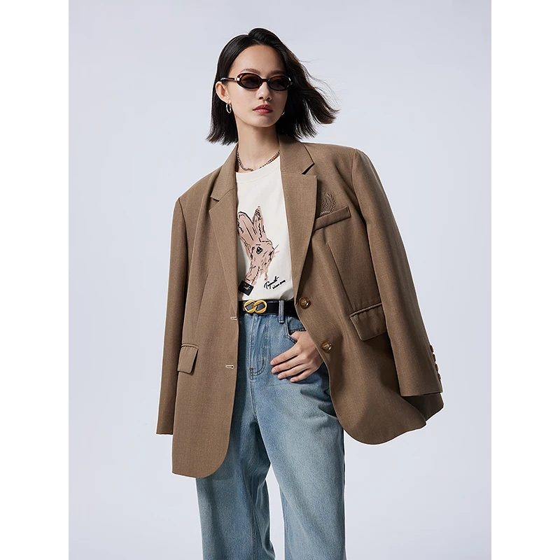 Toyouth Women Blazer 2023 Autumn Long Sleeve Lapel Loose Suit Coat Embroidery Urban Modern Vintage Preppy Style Jacket Outwear