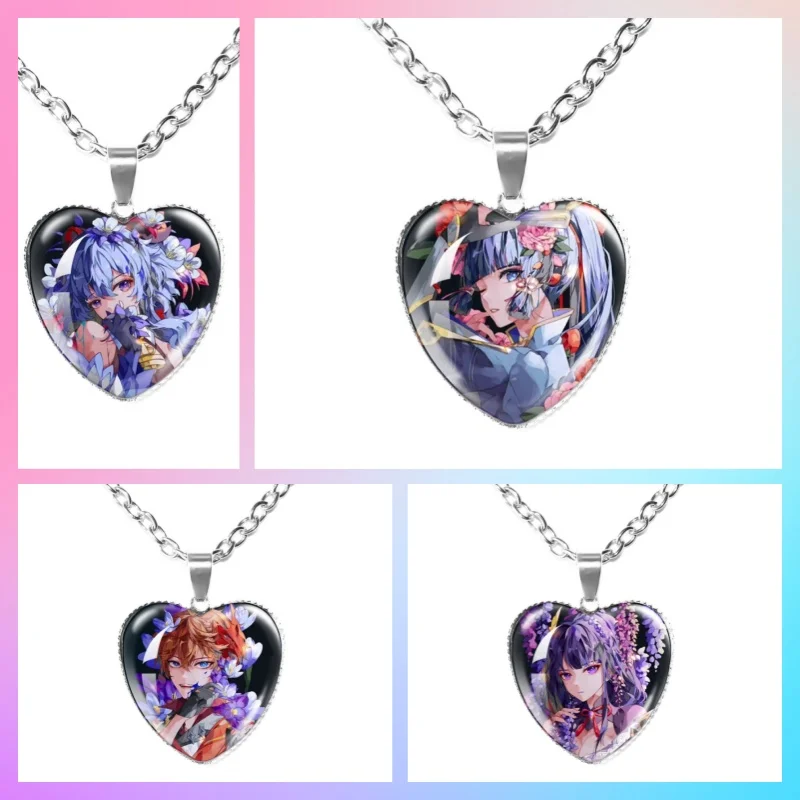 Kokomi Miko Kirara Genshin Impact  All Characters Of Inazuma City Shogun Glass 25mm Silver-plated Serrated Heart Necklace Gift