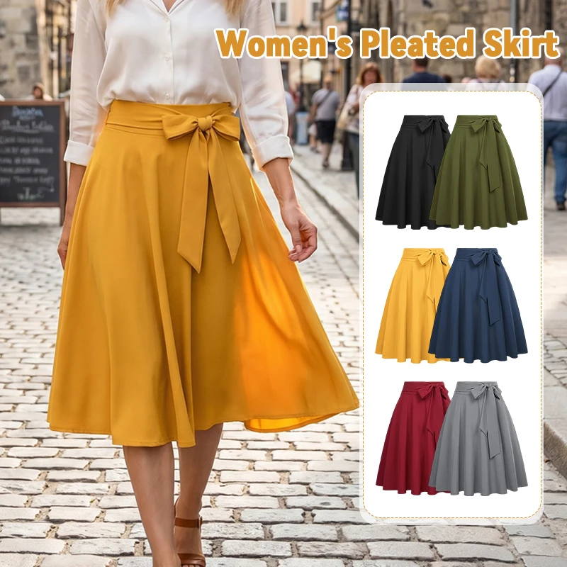 

Summer Female Elegant A-line Skirts Lady High Waist Thin Skirts Girls Fashion Waist Belt Pleated Skirts