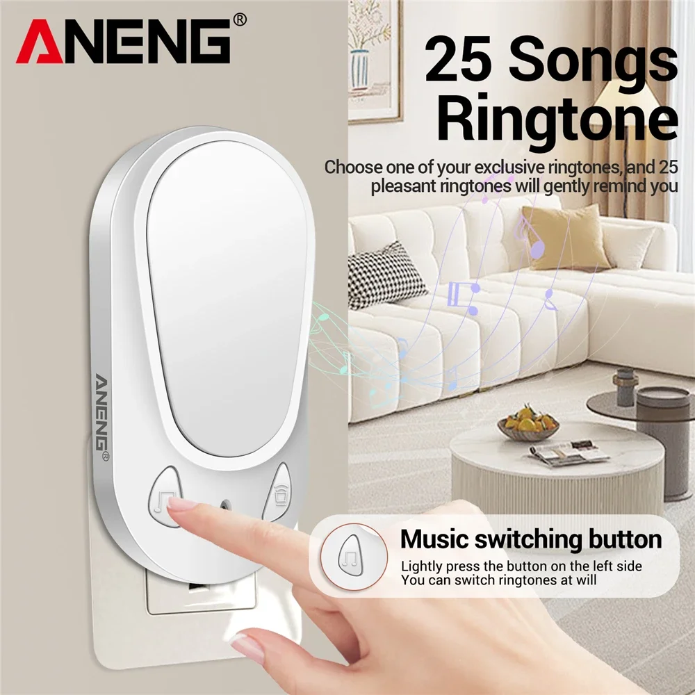ANENG กริ่งประตูไร้สายอัจฉริยะรีโมท US Plug Reception เสียงสูง 4 เสียงปรับเสียงกริ่งสัญญาณเตือนความปลอดภัยโทรรับประตู