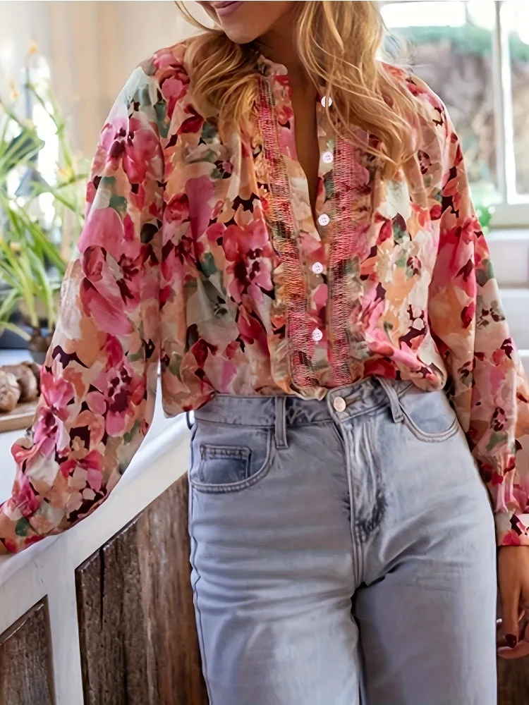 New Fashion Women's Crew Neck Lace Long Sleeve Cardigan Shirt Elegant Single-breasted Office Casual Blouse Spring Autumn Clothes