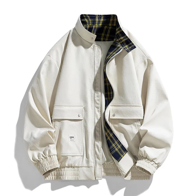 

Men's jacket autumn trends all match plaid stand collar loose casual overalls jacket breathable and wear-resistant men's coat