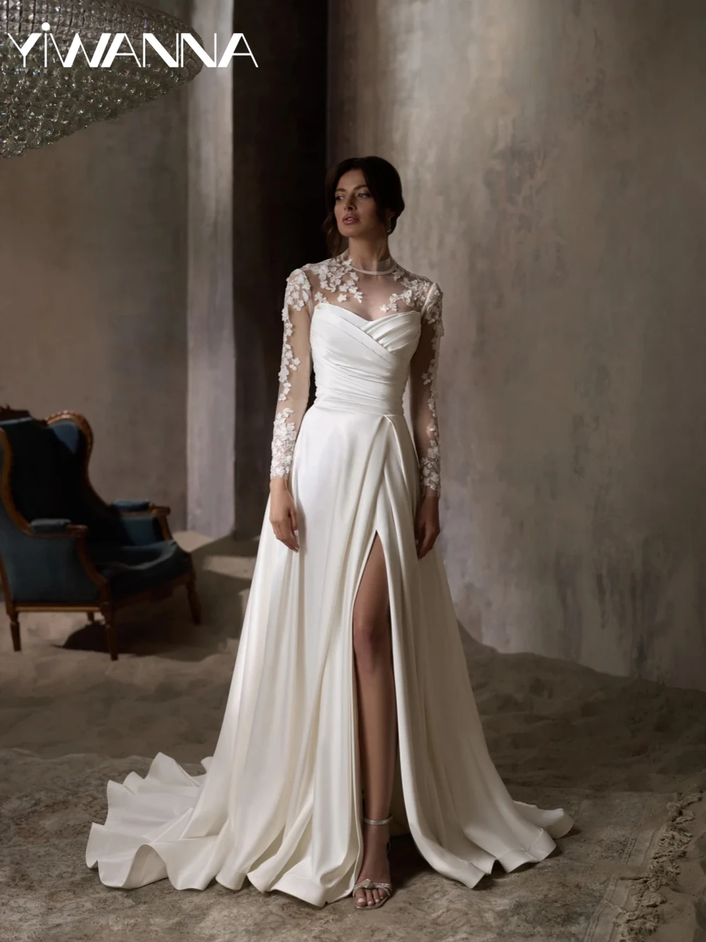 

Two Pieces Dreamy 3D Flower Satin A-line Wedding Dress Illusion Long Sleeve Bridal Gown Customized High Slit Dresses For Bride