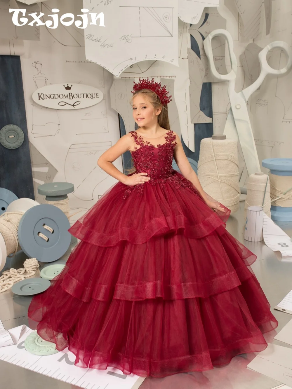 

Girls Tiered Burgundy Beaded Princess Gown Stage Performance Wear Elegant Sleeveless A-line Long Dresses For Kids 2-14Y