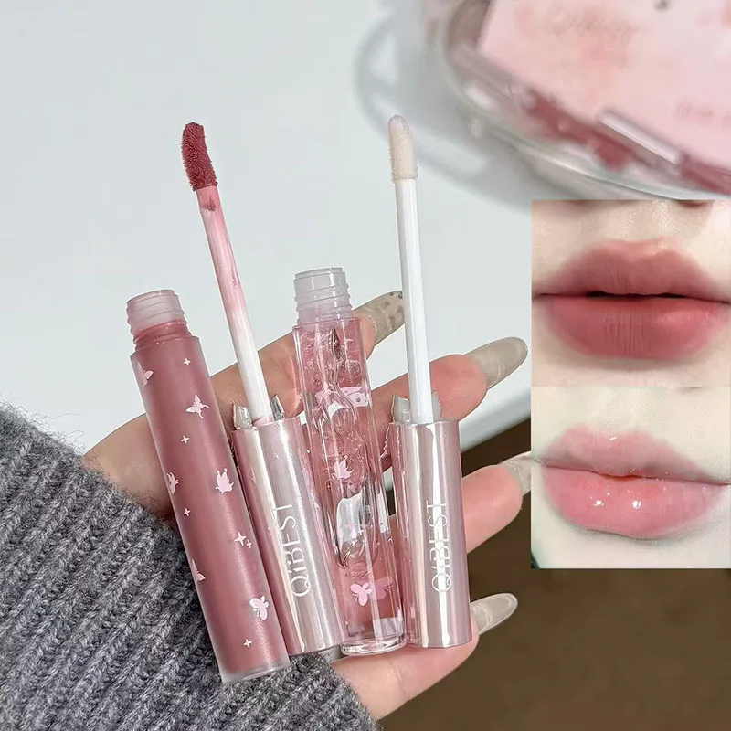 QIBEST Feder-Schmetterlings-Lippen-Make-up-Sets in weichen Farben, einschließlich 3 x mattierter flüssiger Lippenstift und 1 x Lippenöl-Kosmetik-Set mit Halskette