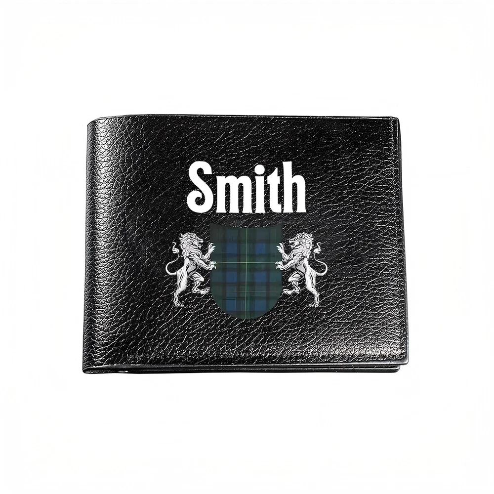 Smith Family Crest With Lions And Tartan Shield Design Men's Wallet Card Holder Casual Business Fashion Style