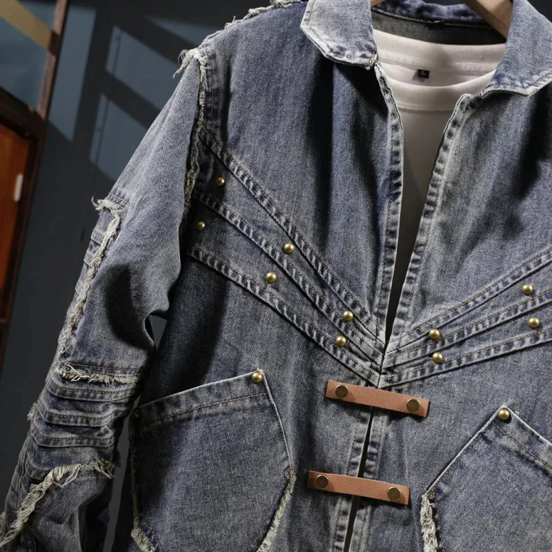 Streetwear อเมริกันวินเทจหลวมแจ็คเก็ตส่วนบุคคล Splicing ขอบดิบผู้ชาย DENIM TOP ปากขนาดใหญ่รุ่น