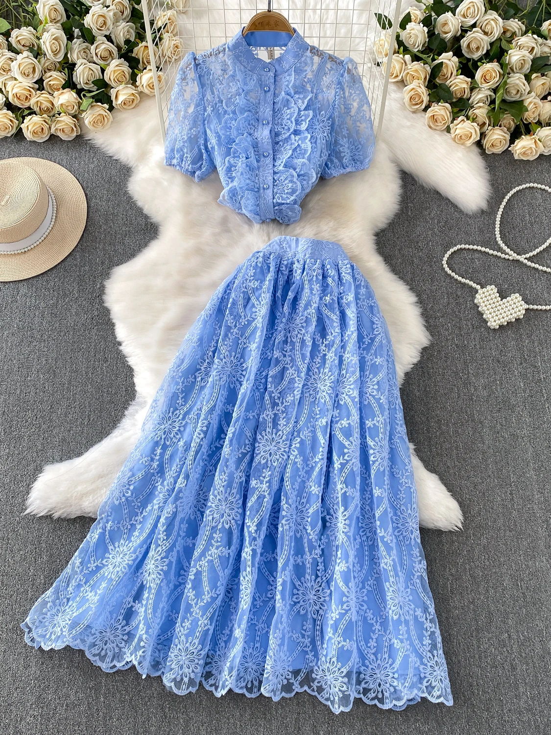 Комплект Ele Lace Wood ain с воротником-стойкой и высокой талией, утягивающая тюлевая юбка феи с вышивкой, модная женская одежда...
