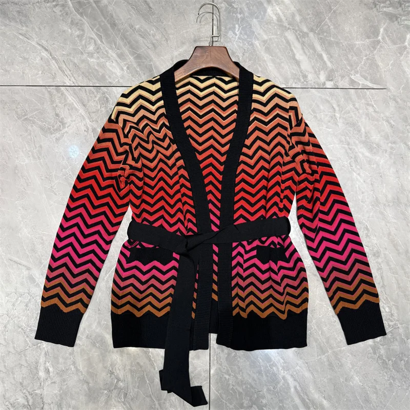 

Cardigan for women New elastic knitted slim fit long sleeved top for summer 2025 Belt decoration stripes Thin coat y2k knitwear
