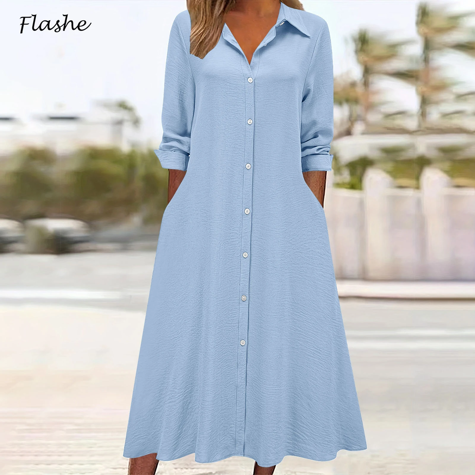 Frauen Casual Drehen Unten Kragen Taste Hemd Kleid Frauen Frühling Herbst Langarm Strand Urlaub Kleider Für Frauen Maxi Kleid