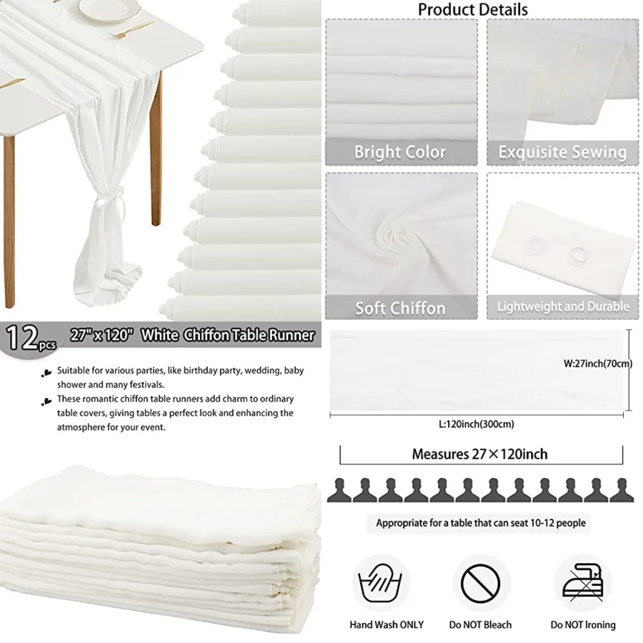 

12 Packs 10Feet Chiffon Table Runner 27x120 Inch Sheer Chiffon Table Runner Romantic Boho Rustic Wedding Table Runner for Weddi