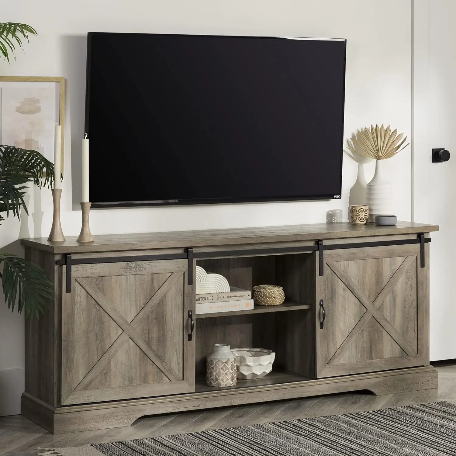 

Corbin Modern Farmhouse Sliding X Barn Door TV Stand for TVs up to 80 Inches, 70 Inch, Grey Wash