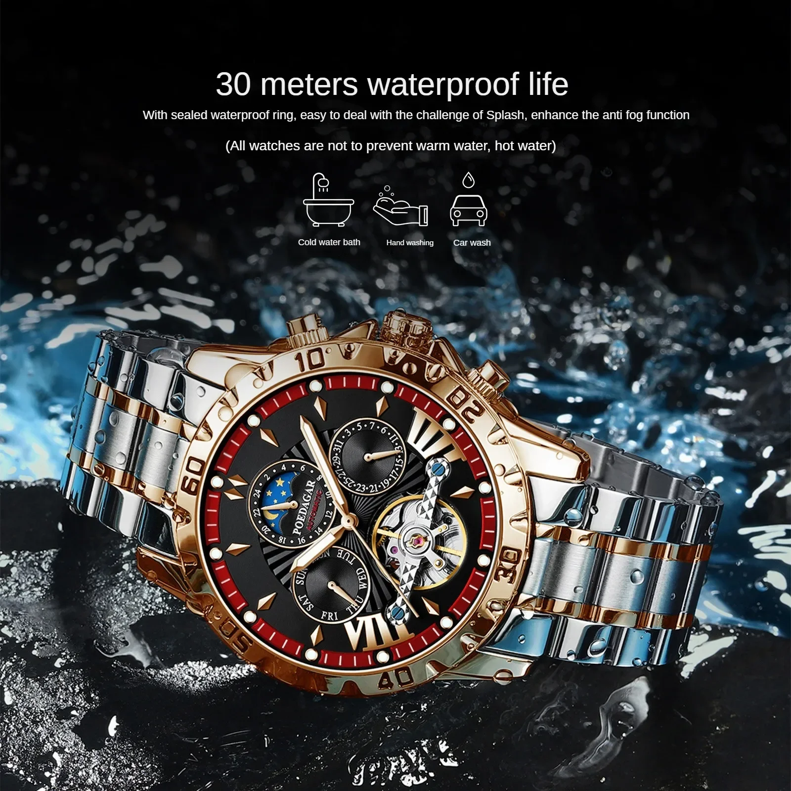 Swiss brand luminous waterproof calendar automatic mechanical watch Hollow flywheel men\'s watch with steel chain and gift box
