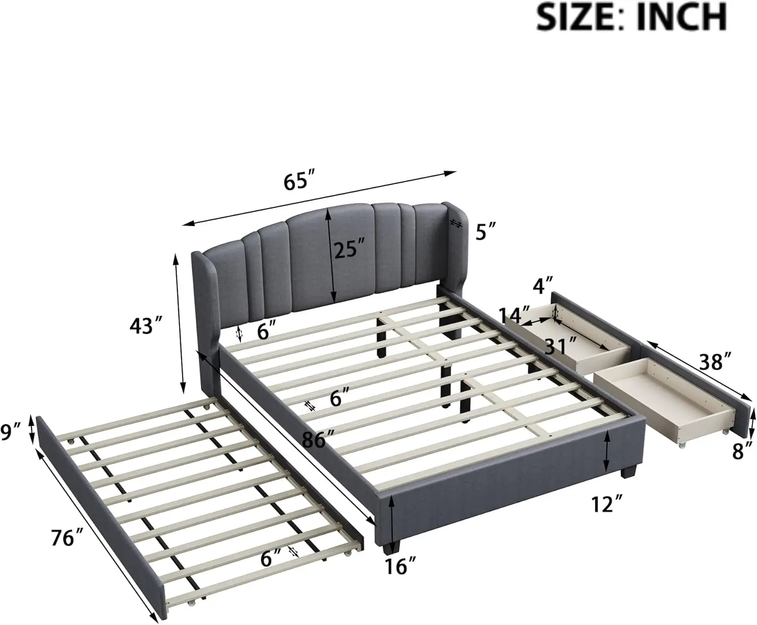 Queen Size Trundle Bed with 2 Storage Drawers, Wingback Platform Bed with Twin Trundle, Linen Upholstered Bed with Headboard for