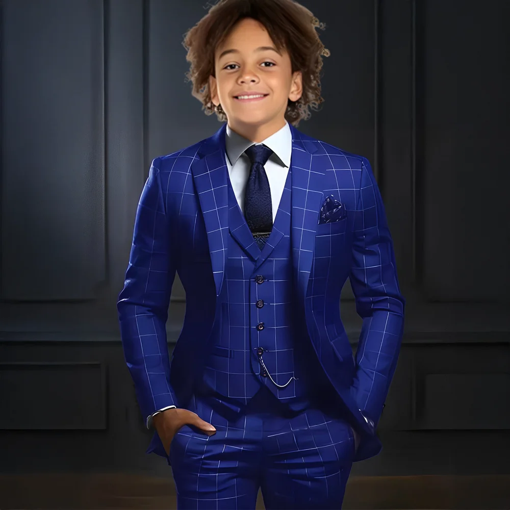 Fashion Plaid Boys Suit Set 3 piece Jacket Pants Vest Outfit Formal Party Dress Kids Tuxedo for Wedding Party Boy Suits
