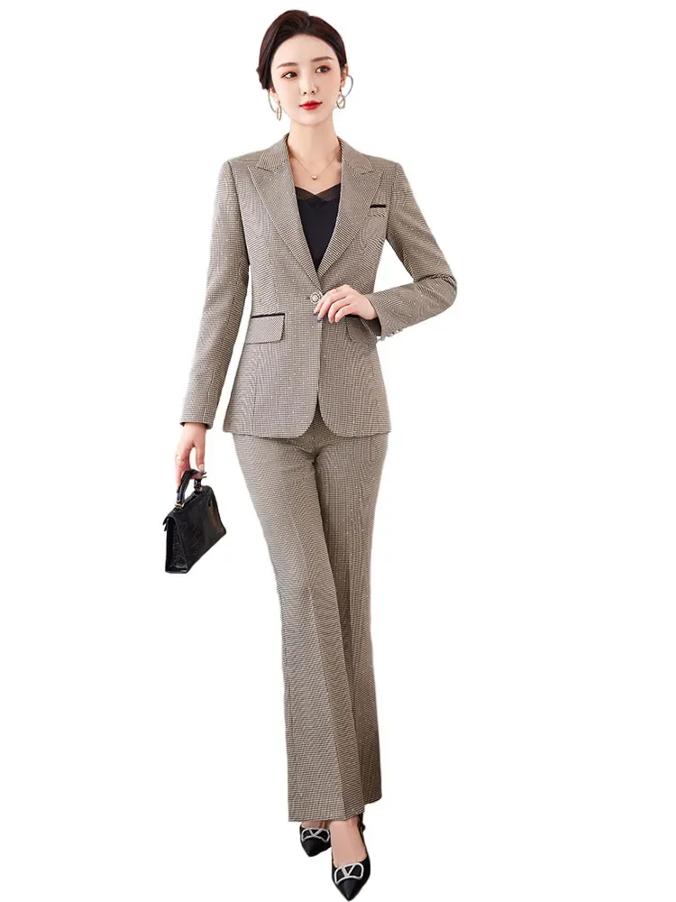 

Pop Plaid Women Suits Office Set Pocket Suit Collar Single Button Fashion Long Sleeve Blazer High Waisted Slim Pant Suits