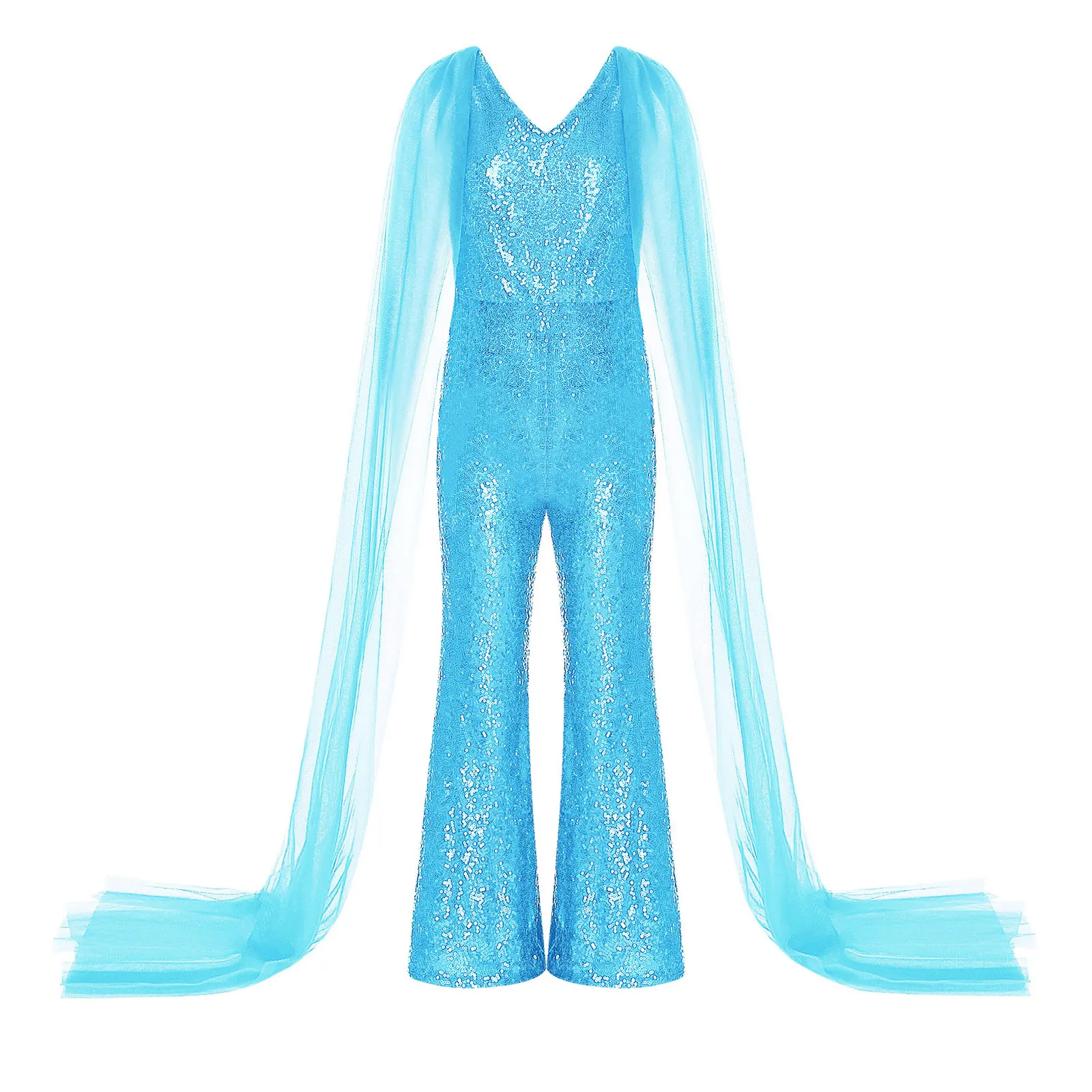 Kids Girls One-piece Party Jumpsuits Sparkly Sequined V Neck Cape Sleeve High Waist Wide Leg Pants Bodysuit for Flower Girl Gown