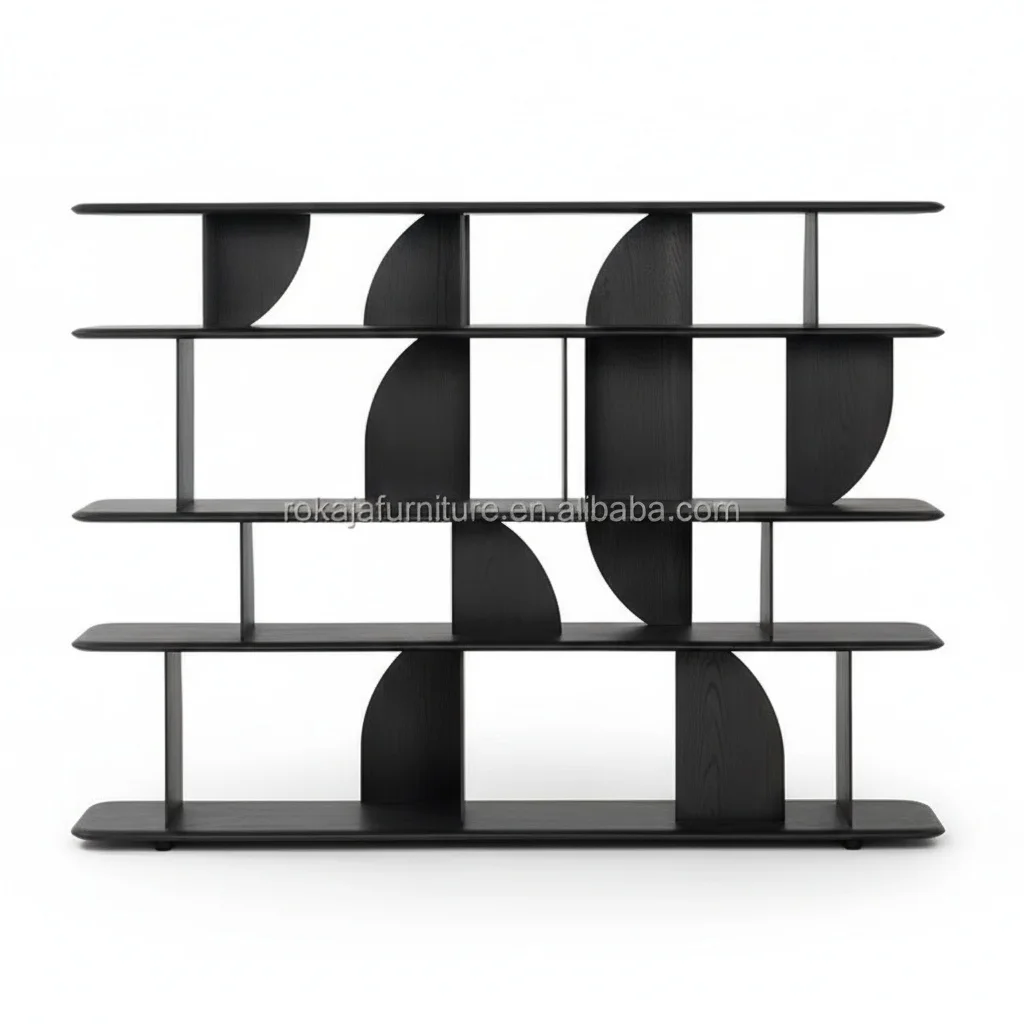 

Скандинавский книжный шкаф, лакированная полка из массива черного дуба, геометрическая витрина, стеллаж для хранения книг в гостиной