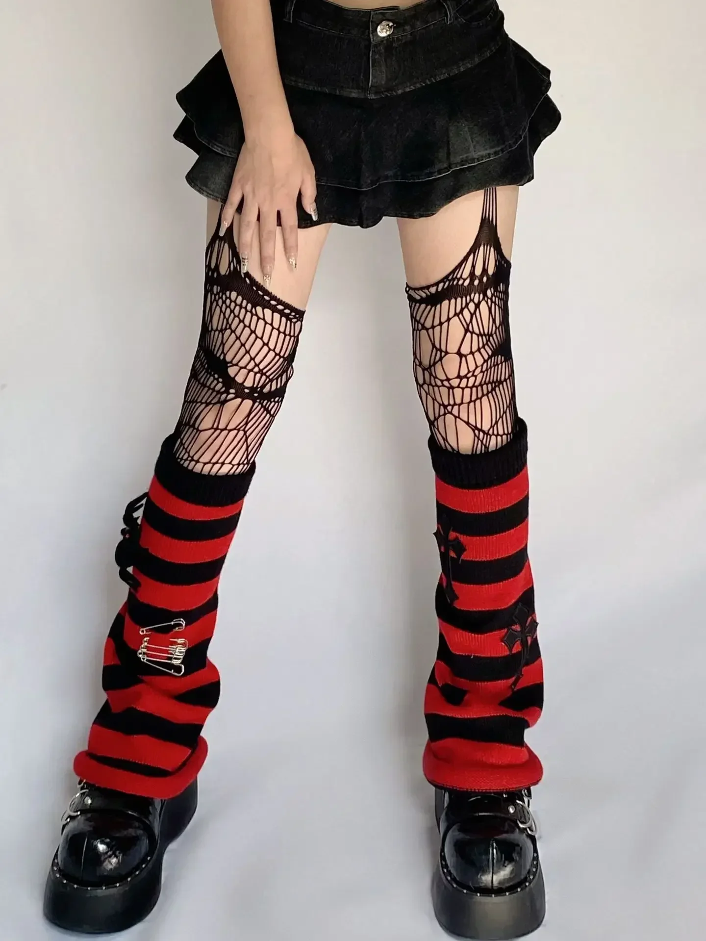 Japanese Punk Wide Leg Warmer Women's Stripe Cross Print Knitted Flared Calf Cover Harajuku Vintage Y2K Preppy Stacking Socks