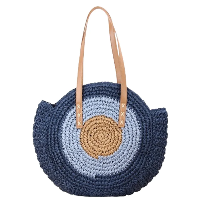 Women\'s Shoulder Bags Top-handle Handbag Paper Rope Handmade Woven Bag Round Splicing Pastoral Tote Bag Female Summer Casual