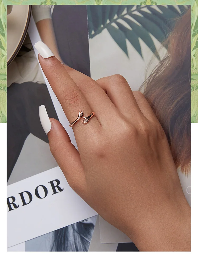 BAMOER 925 Sterling Silver Hug Open Ring Warm Love Hand Adjustable Glossy Ring for Women, His Big Loving Family Party Gift