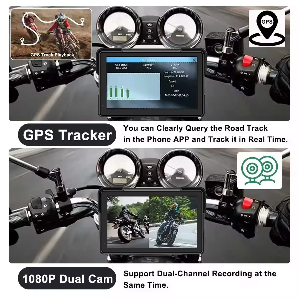 7 inch Motorcycle DVR Dash Cam with Wireless Apple Carplay Android Auto HD 1080P Camera GPS G-Sensor Waterproof TMPS